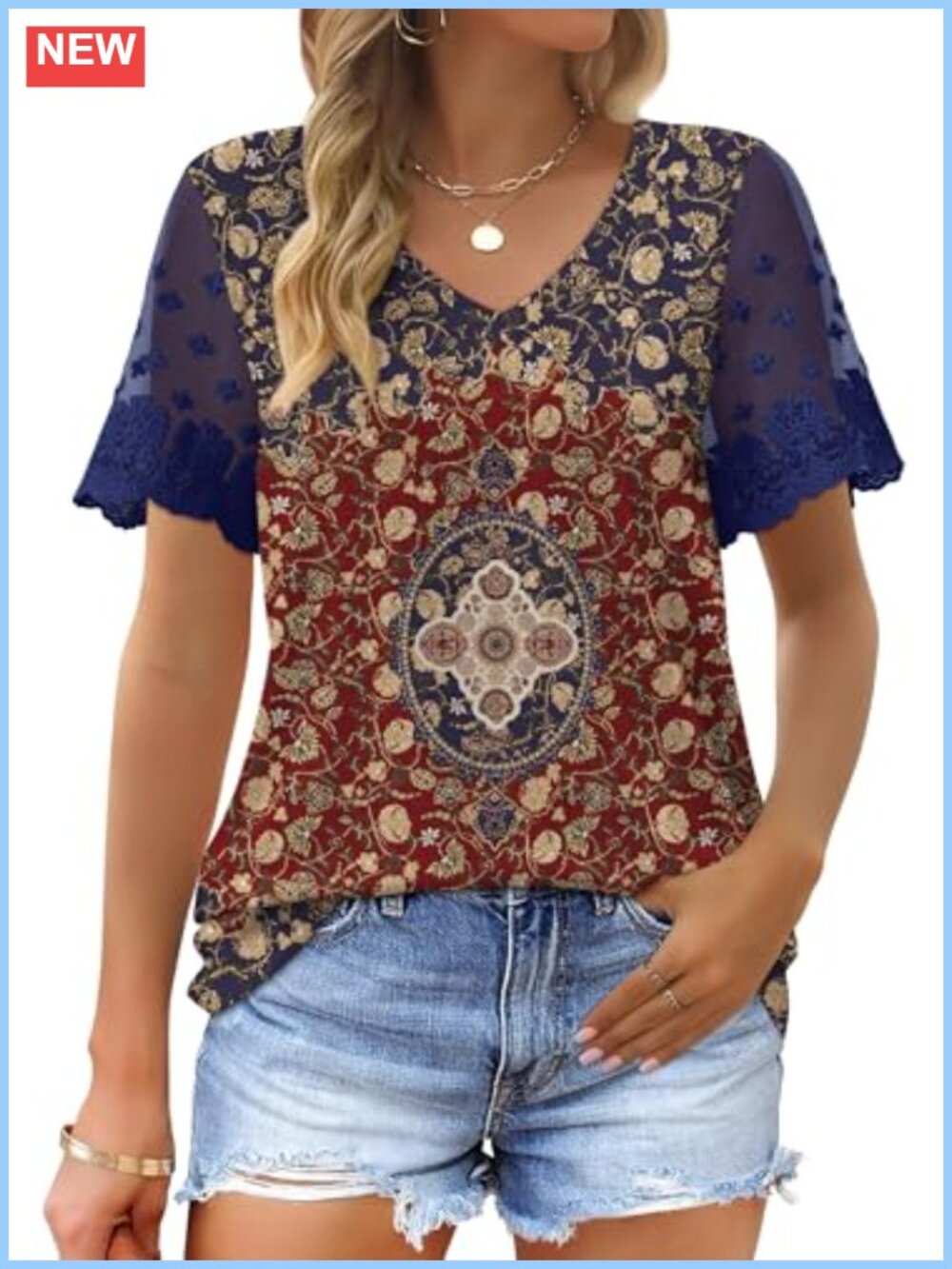 Women's V-Neck Lace Short Sleeve High Low Curved Hem T-Shirt Loose Fit